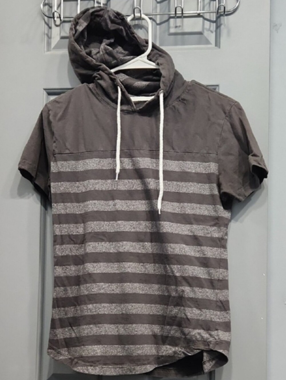 Gray Striped Short Sleeve Hoodie Tee mens